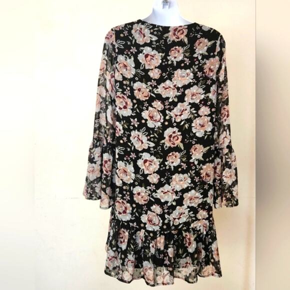 ONE HART Black Teal Floral V Neck Bell Sleeves Ruffle Hem Mini Dress Size M - Picture 5 of 13